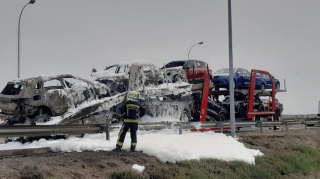 Camión portacoches con cinco de los vehículos calcinados en el peaje de Tudela