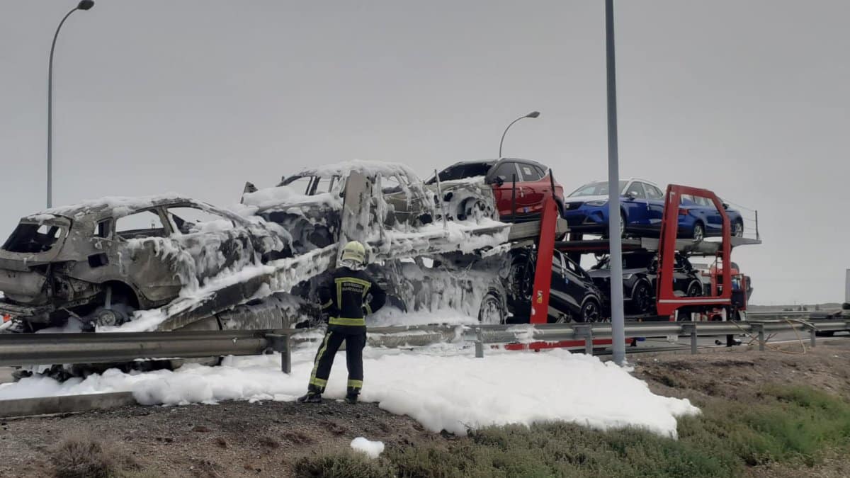 Camión portacoches con cinco de los vehículos calcinados en el peaje de Tudela