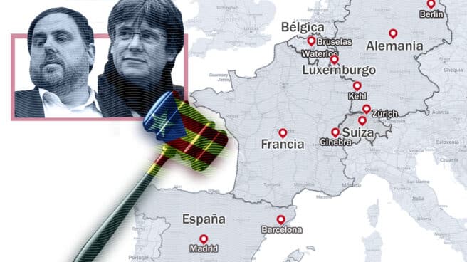 Mapa donde los independentistas catalanes presentarán querellas por el espionaje con la imagen de Junqueras y Puigdemont