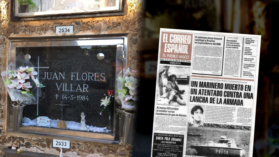 Nicho donde descansan los restos de Juan Flores Villar y reseña del asesinato en 'El Correo Español'.