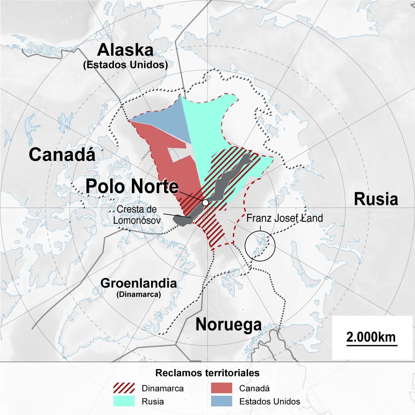 Zonas reclamadas por los distintos países en el Ártico