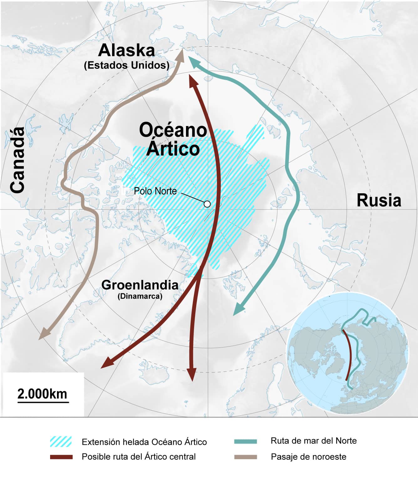 Cómo sería la posible ruta en el Ártico central con el deshielo