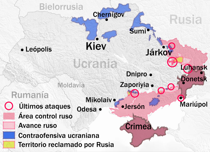 Mapa de la situación en Ucrania a 6 de mayo de 2022