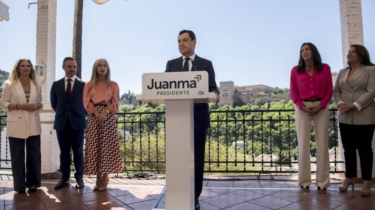 El presidente del PP-A y de la Junta, Juanma Moreno, durante la presentación de los cabezas de lista de su partido.