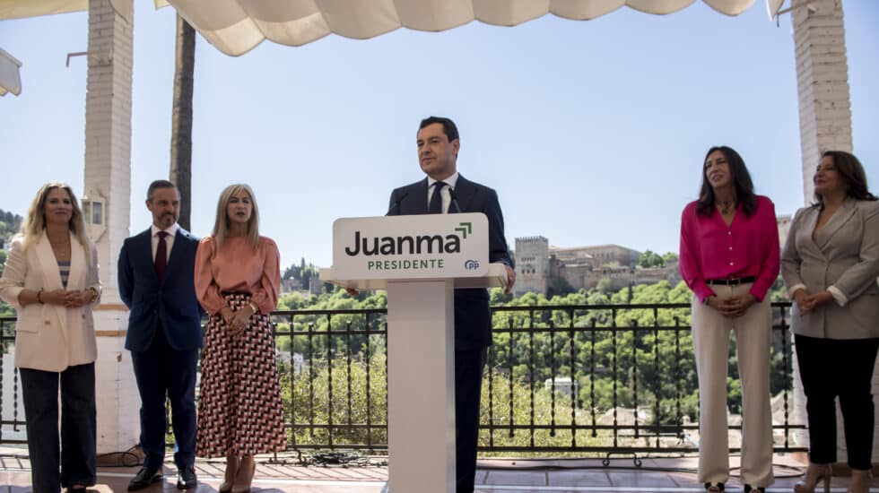 El presidente del PP-A y de la Junta, Juanma Moreno, durante la presentación de los cabezas de lista de su partido.
