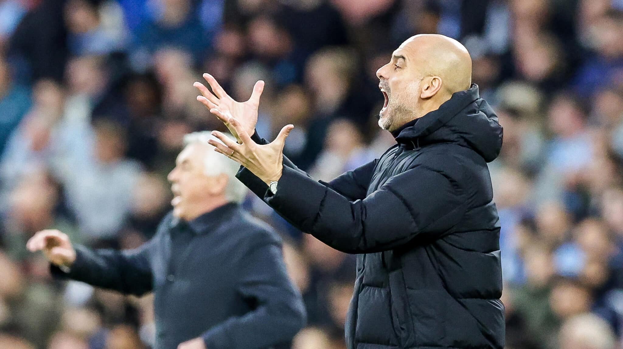 El técnico del City, Josep Guardiola, durante la ida de las semifinales ante el Real Madrid