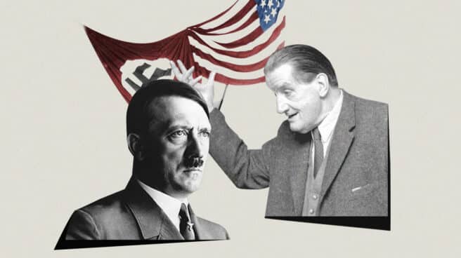 Imagen de Hitler y Putzi con la bandera nazi y la de Estados Unidos entrelazadas