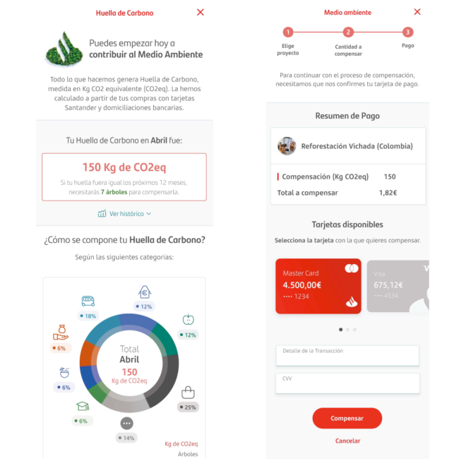 La nueva funcionalidad incluida en la web y la app de banca online de Banco Santander permite al cliente medir y compensar su huella de carbono.