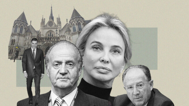 Tribunal de Londres, Corinna Larsen, Pedro Sánchez Rey Emérito y Félix Sanz Roldán Imagen de Pedro Sánchez, el rey emérito, Corinna Larsen y Félix Sanz Roldán con el tribunal de Londres de fondo