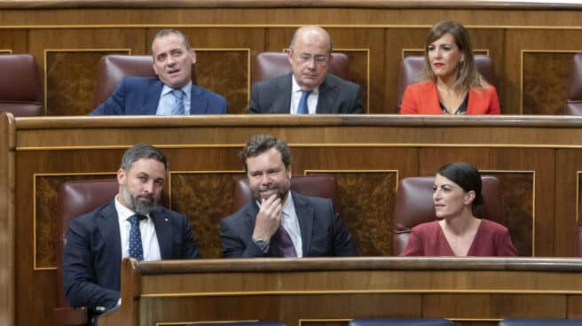 (I-D) El líder de Vox, Santiago Abascal; el portavoz parlamentario de Vox, Iván Espinosa de los Monteros; y la candidata de Vox a la Presidencia de la Junta de Andalucía, Macarena Olona, en una sesión plenaria, en el Congreso.
