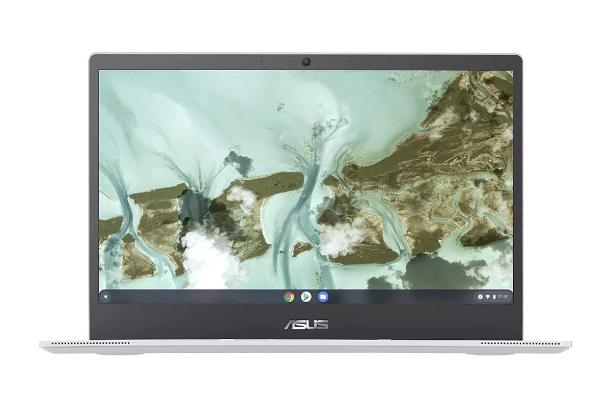 Chromebook de Asus CX1400CNA-BV0178 de frente con fondo de pantalla en tonos verdes
