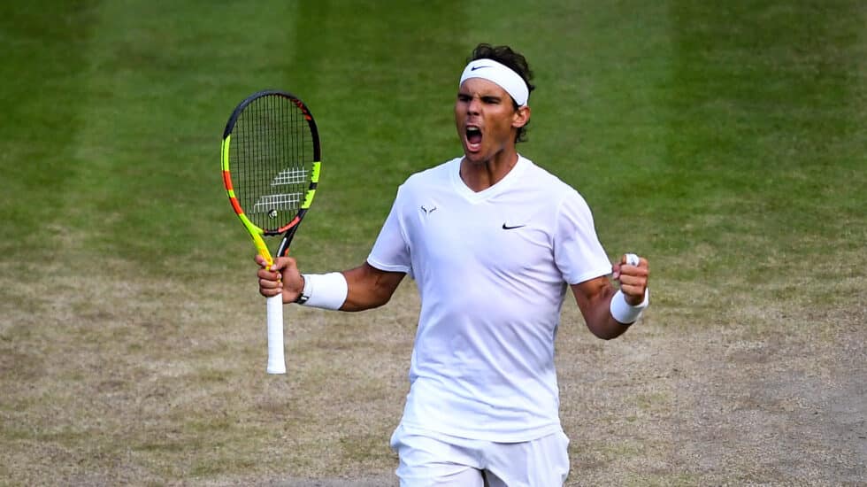 Nadal celebra un punto en Wimbledon 2019, la última vez que disputó el torneo