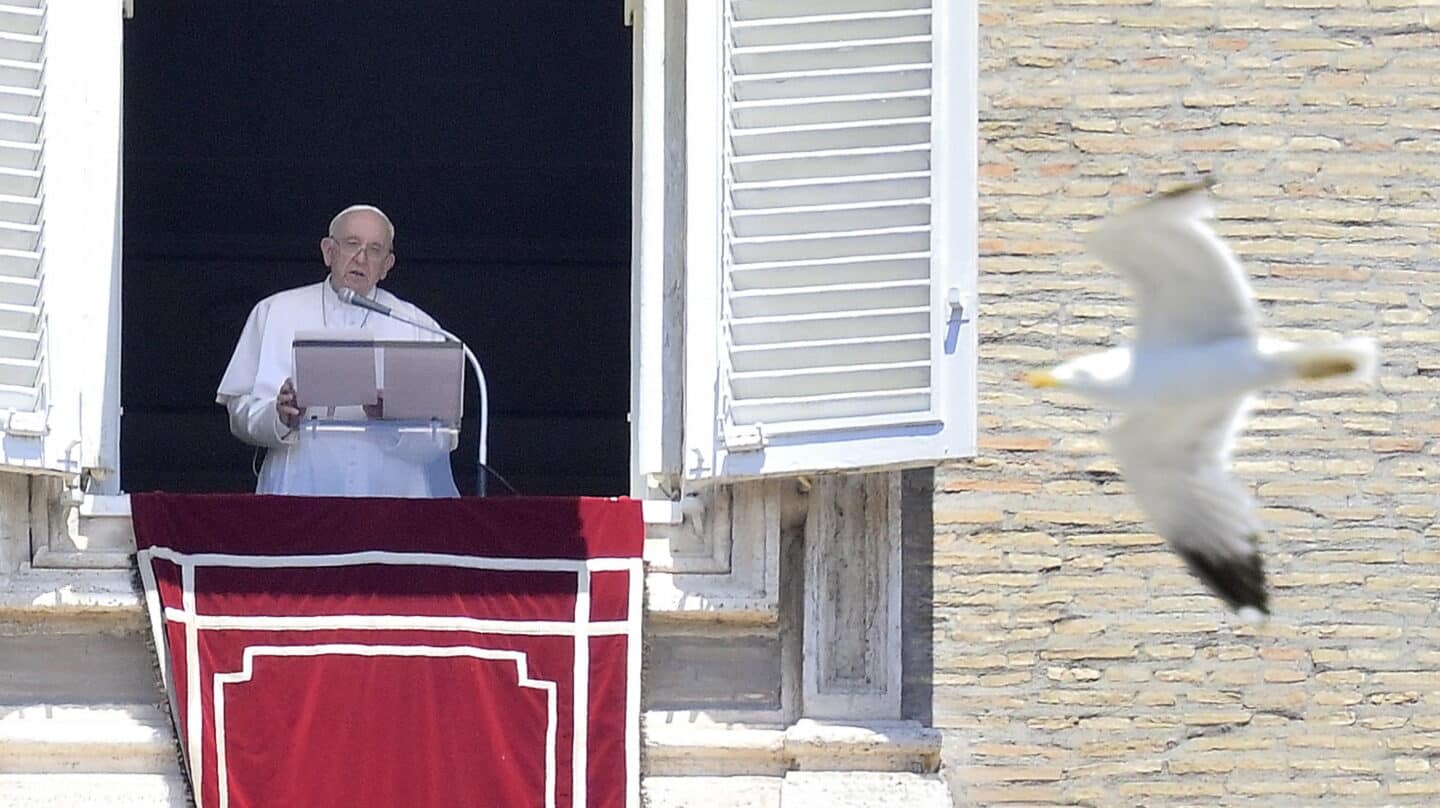 El Papa Francisco hablando desde su balcón del Vaticano, en el Angelus, junto a un pájaro