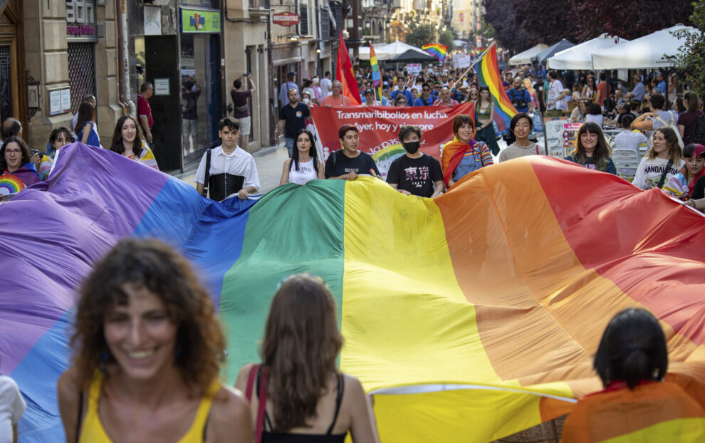 Un momento de la manifestación que ha recorrido hoy sábado las calles de Logroño para exigir la aprobación estatal de la Ley para la igualdad real y efectiva  de las personas LGTBI+. 