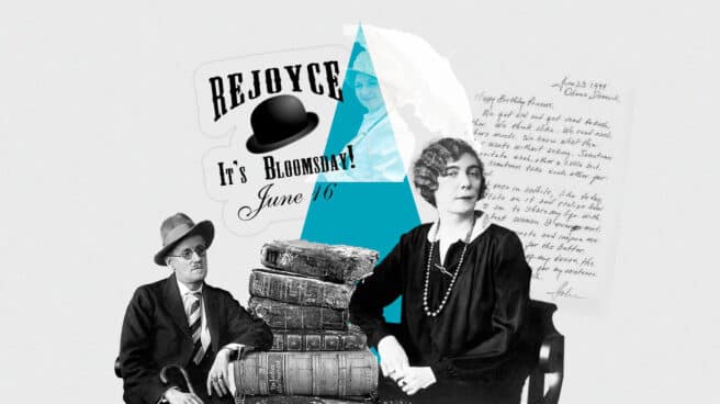 Joyce y Nora Barnacle con una pila de libros, un cartel del Bloomsday y una carta de fondo