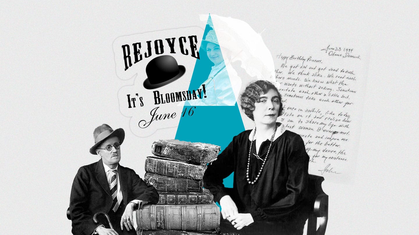 Joyce y Nora Barnacle con una pila de libros, un cartel del Bloomsday y una carta de fondo