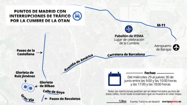 Mapa con puntos de Madrid con interrupciones de tráfico por la Cumbre de la OTAN. Mapa con puntos de Madrid con interrupciones de tráfico por la Cumbre de la OTAN.