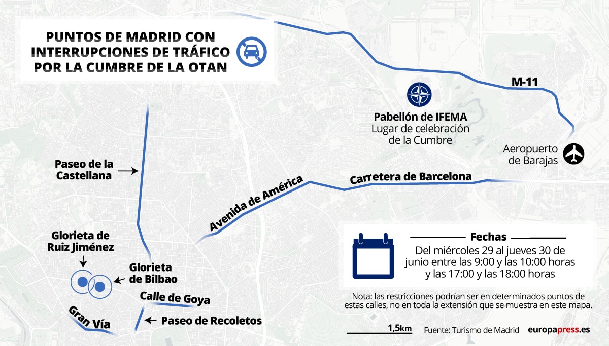 Mapa con puntos de Madrid con interrupciones de tráfico por la Cumbre de la OTAN.