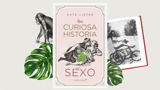 Imagen del libro una curiosa historia del sexo con un chimpancé de fondo y una imagen del libro con una mujer desnuda subida en una bicicleta