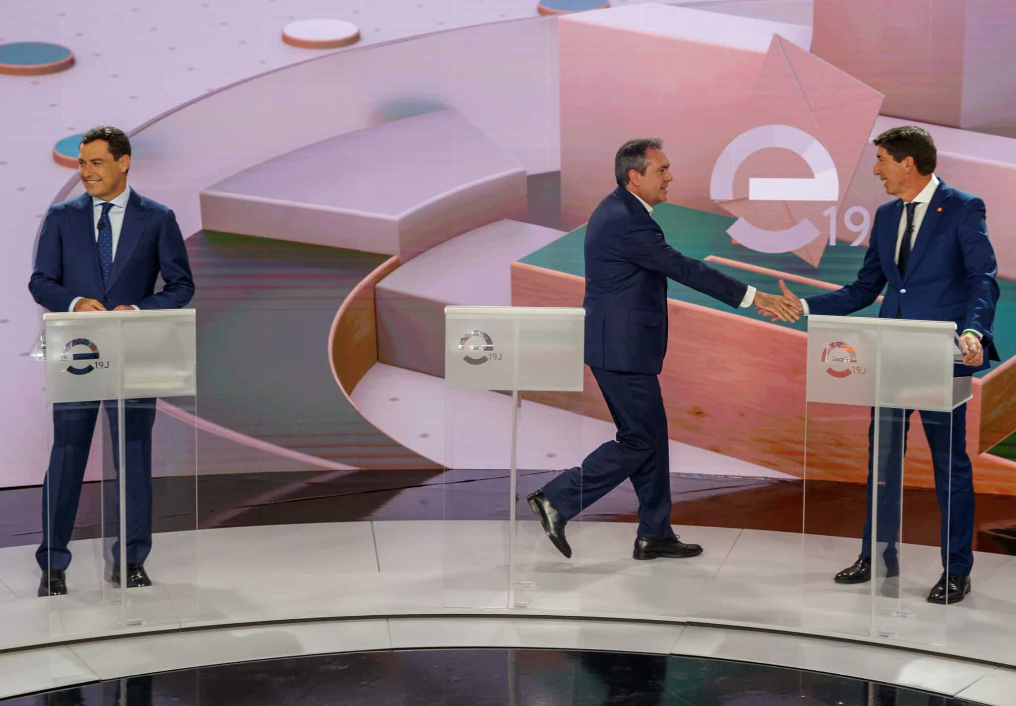 Los candidatos a la Presidencia de la Junta de Andalucía, (i-d) Juanma Moreno, Juan Espadas y Juan Marín