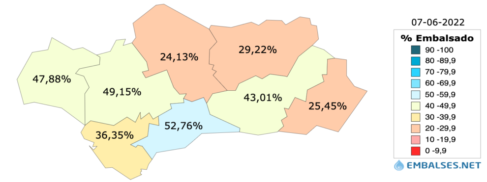 Embalses en Andalucía y su porcentaje de agua embalsada actualizados a 7 de junio 2022