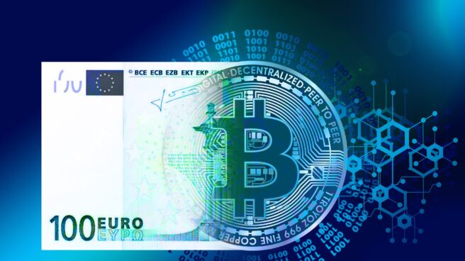 Imagen del euro digital, que vuelve a estar en el debate Una imagen del euro que se funde con el logo del bitcoin
