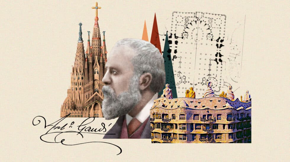 Imagen de Gaudí con la Sagrada Familia con plano, su firma o su retrato