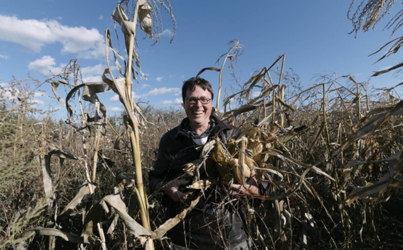 El escritor Charles Mann en una plantación de maíz