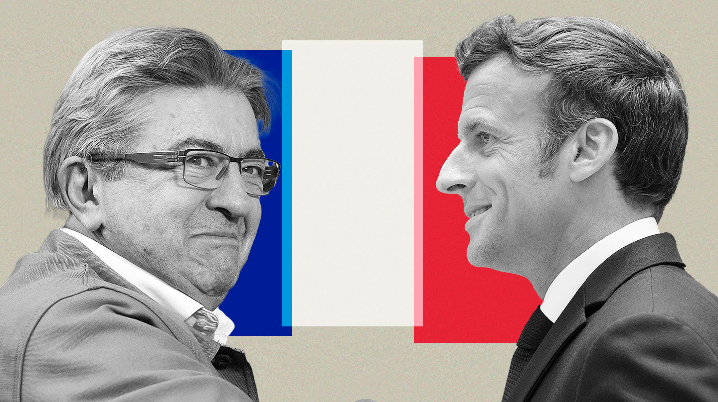 Imagen de Mélenchon y Macron con la bandera de Francia de fondo