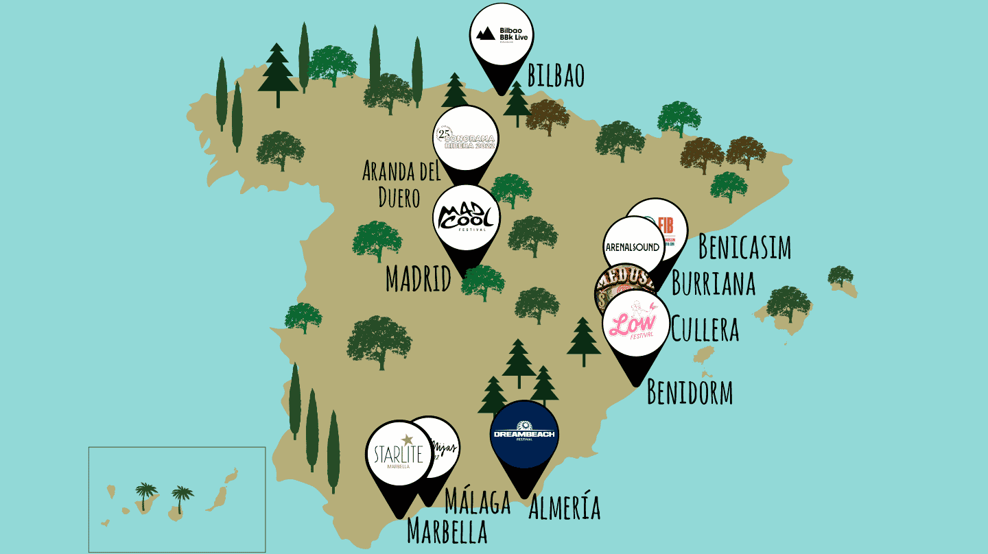 Mapa de los festivales de música en España verano 2022