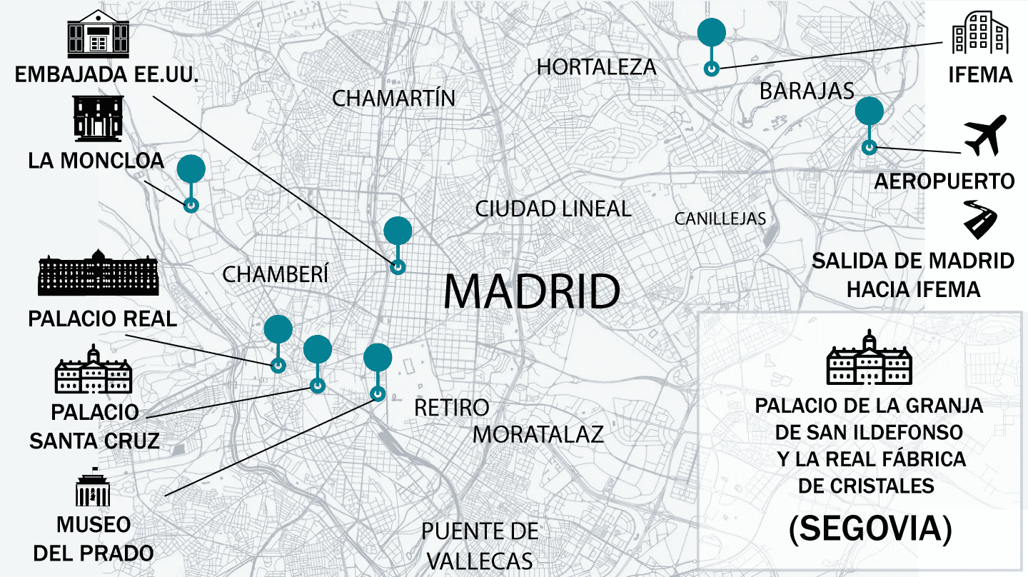 Mapa de Madrid que refleja las actividades que se llevarán a cabo en la cumbre de la OTAN