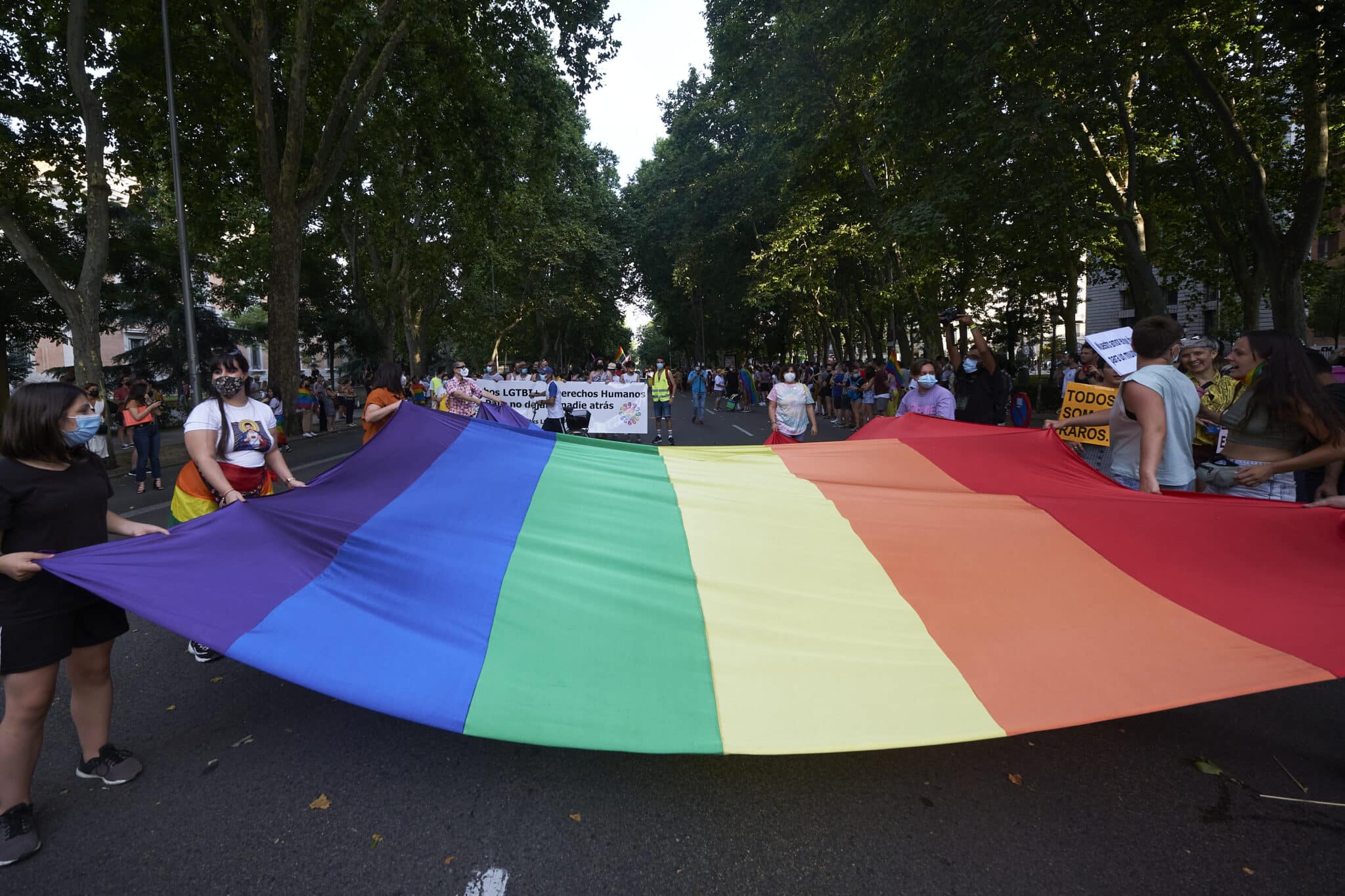 Manifestación del Orgullo de Madrid en la que se ve una bandera LGTB a gran tamaño