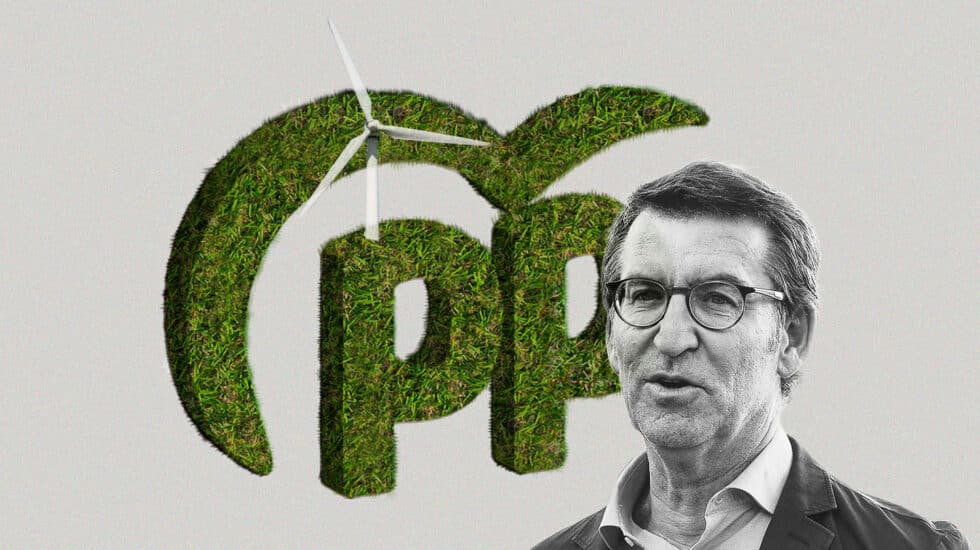 Collage del logo del PP rodeado de hierba con un molinillo eólico y la imagen de Feijóo