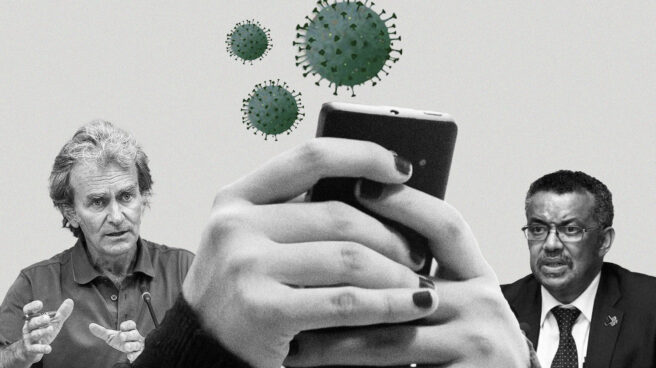 Imagen de Fernando Simón con unas manos que sostienen un móvil del que salen coronavirus. A la derecha Tedros Adhanom Ghebreyesus, Director General de la OMS