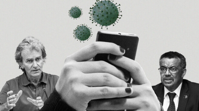 Fernando Simón y Adhanom Ghebreyesus, Director General de la OMS Imagen de Fernando Simón con unas manos que sostienen un móvil del que salen coronavirus. A la derecha Tedros Adhanom Ghebreyesus, Director General de la OMS