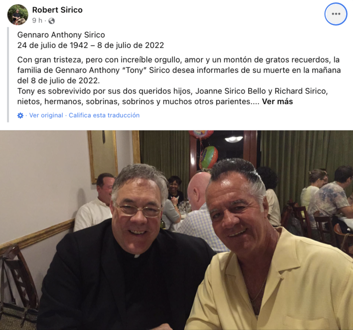 Publicaciónd e Facebook de Robert Sirico, hermano de Tony, por su muerte