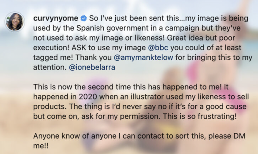 Captura del mensaje de Nyome en su cuenta de Insgtagram denunciando a Igualdad