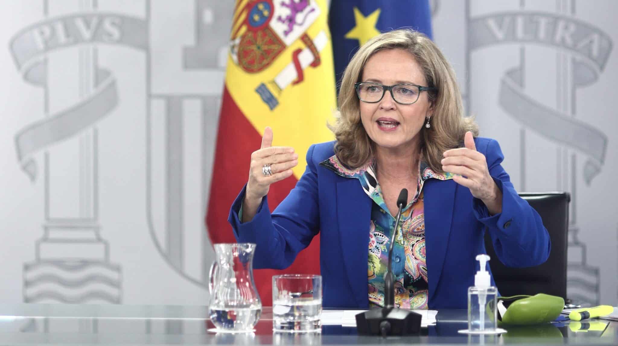 La vicepresidenta y ministra de Asuntos Económicos y Digitalización, Nadia Calviño, en una comparecencia informativa.