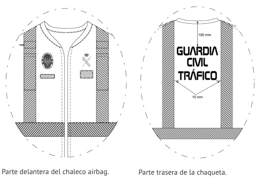 Parte delantera (izquierda) y trasera (derecha) del chaleco airbag