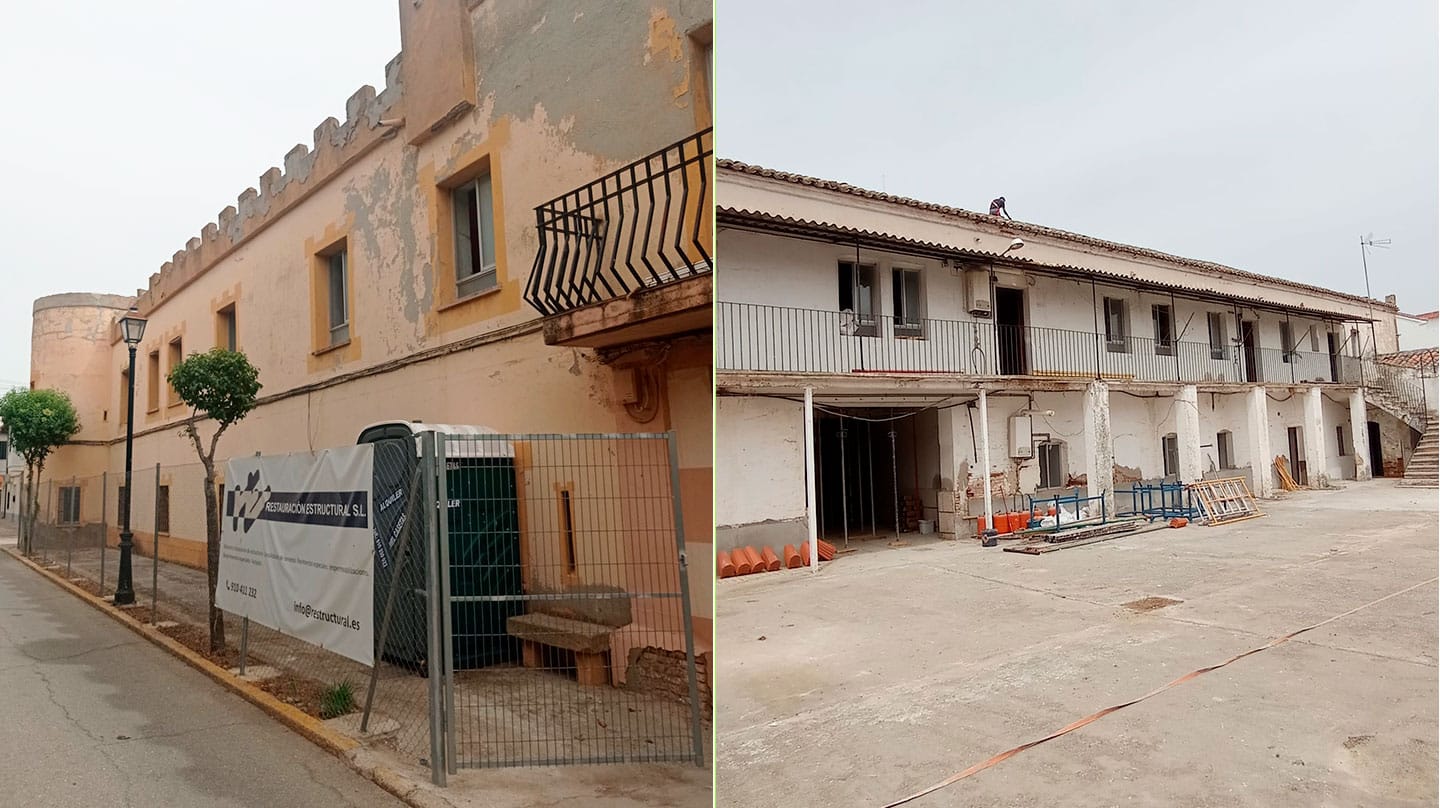 Fachada del antiguo cuartel de Calera y Chozas (izquierda) y vista interior en imágenes tomadas hace unos días.