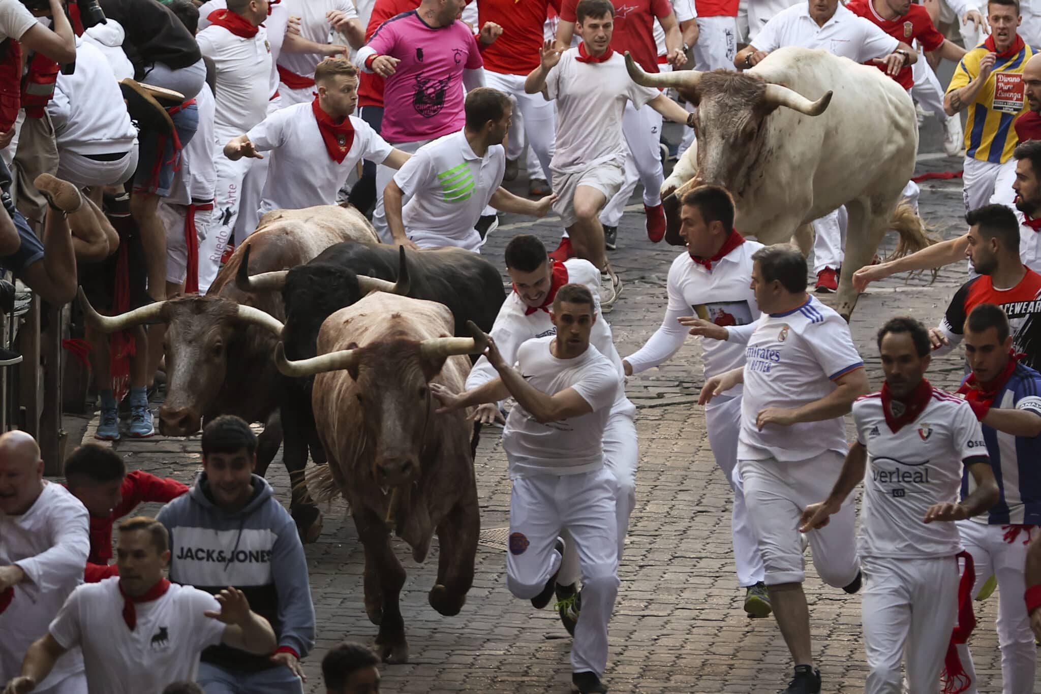 Los toros de la ganadería gaditana Núñez del Cuvillo en el tramo del callejón, antes de entrar en la Plaza de Toros, durante el primer encierro de los Sanfermines 2022