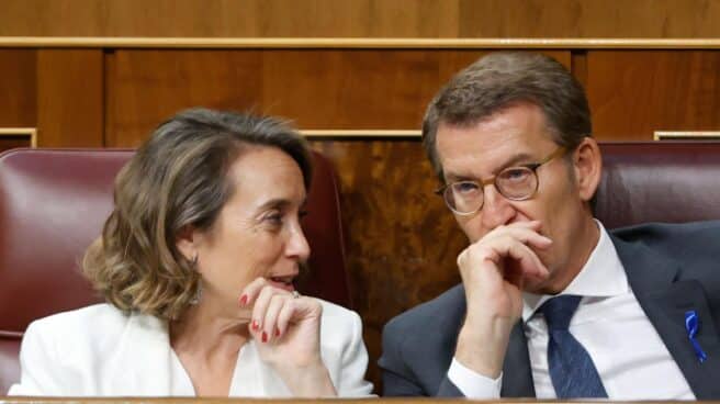 La portavoz del PP en el Congreso de los Diputados y secretaria general del partido, Cuca Gamarra, conversa con el presidente Alberto Núñez Feijóo, durante el debate del estado de la nación.