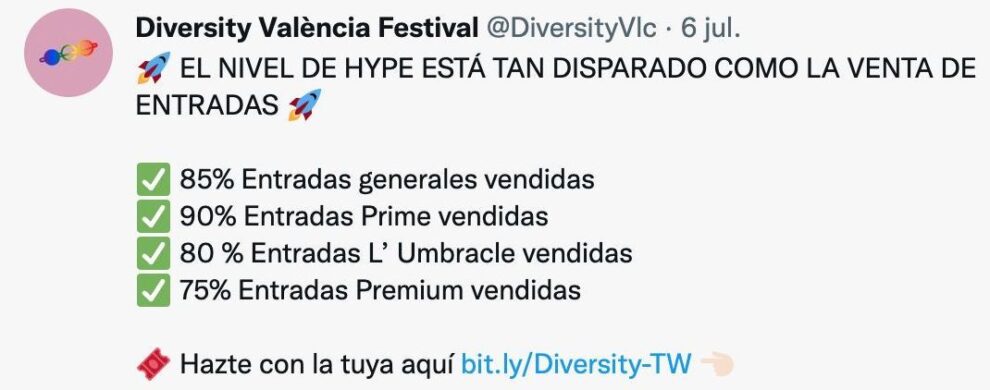 Captura de pantalla de la cuenta de Twitter de Diversity València Festival donde mostraba el porcentaje de entradas vendidas