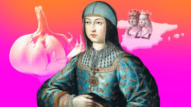 Isabel la católica Isabel la Católica con la imagen de un ajo de fondo y un retrato de los Reyes Católicos sobre el mapa de España