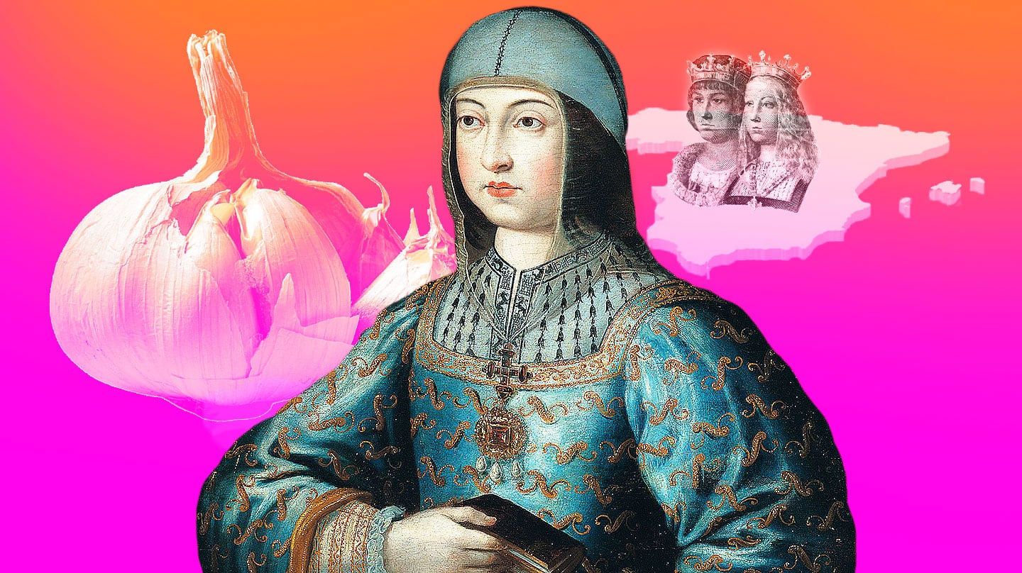 Isabel la Católica con la imagen de un ajo de fondo y un retrato de los Reyes Católicos sobre el mapa de España