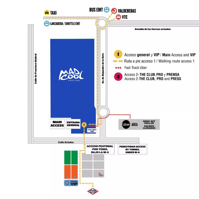 Plano del Mad Cool Festival 2022 en el que se ven tanto las entradas al recinto en Valdebebas como las diferentes formas de llegar: paradas de autobús, cercanías Renfe y Metro