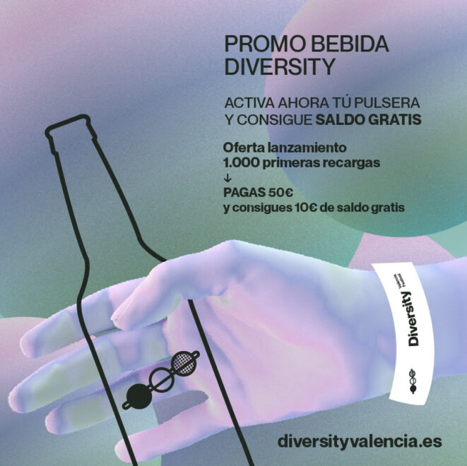 Promo bebida Diversity Valencia enviada por mail a los usuarios que ya habían adquirido su entrada, en la que se lee "Activa ahora tu pulsera y consigue saldo gratis. Oferta lanzamiento 1.000 primers recargas. Pagas 50€ y consigues 10€ de saldo gratis"