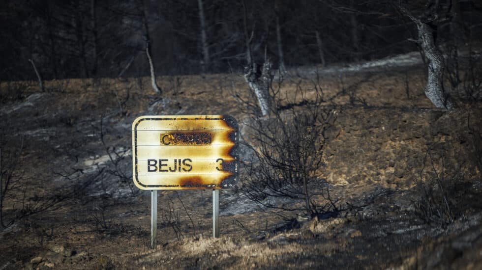 Carretera que une las localidades castellonenses de El Toro y Torás, con los alrededores calcinados debido al incendio forestal que se declaró en el término municipal de Bejís