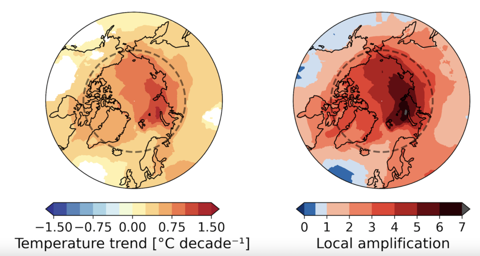 amplificación ártica, mapas comparativos La tendencia de la temperatura media anual de 1979 a 2021 (izquierda) y la tendencia de la temperatura media anual en relación con el promedio mundial (derecha). 