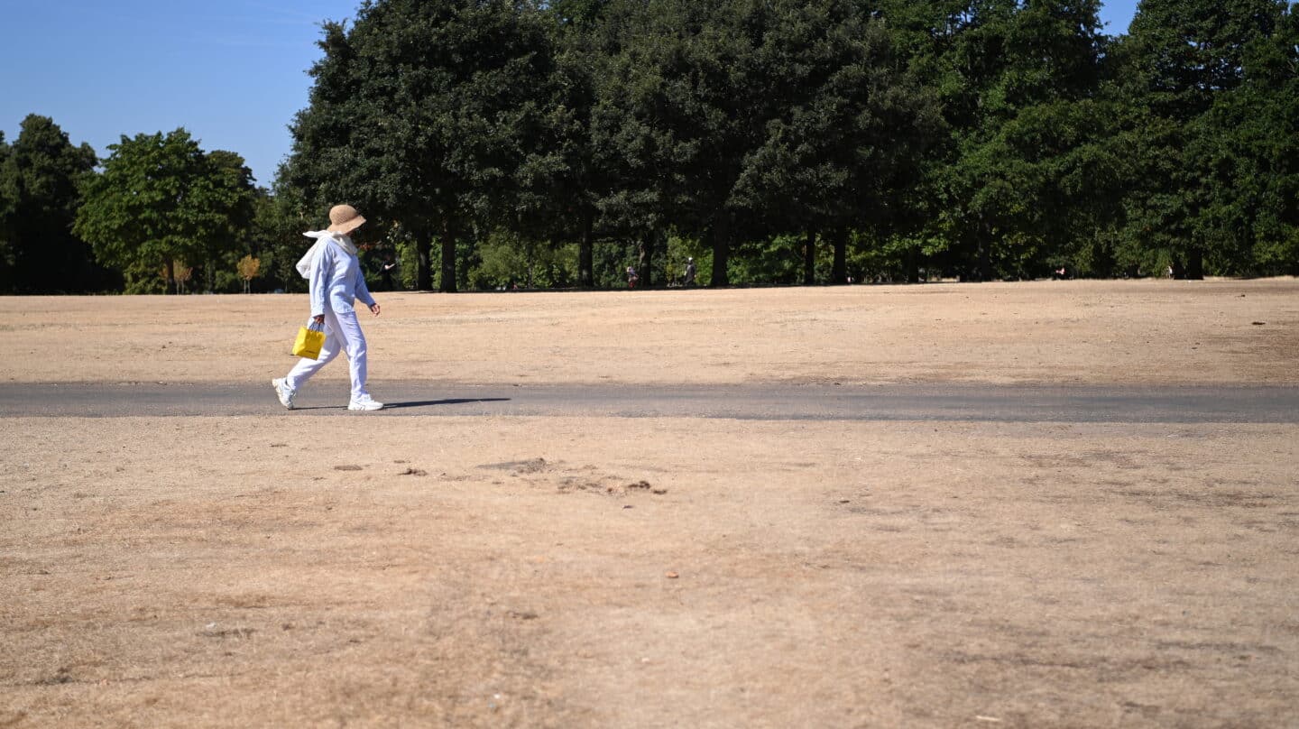 Una mujer camina por un Hyde Park inusualmente reseco en Londres, Reino Unido, por la sequía.